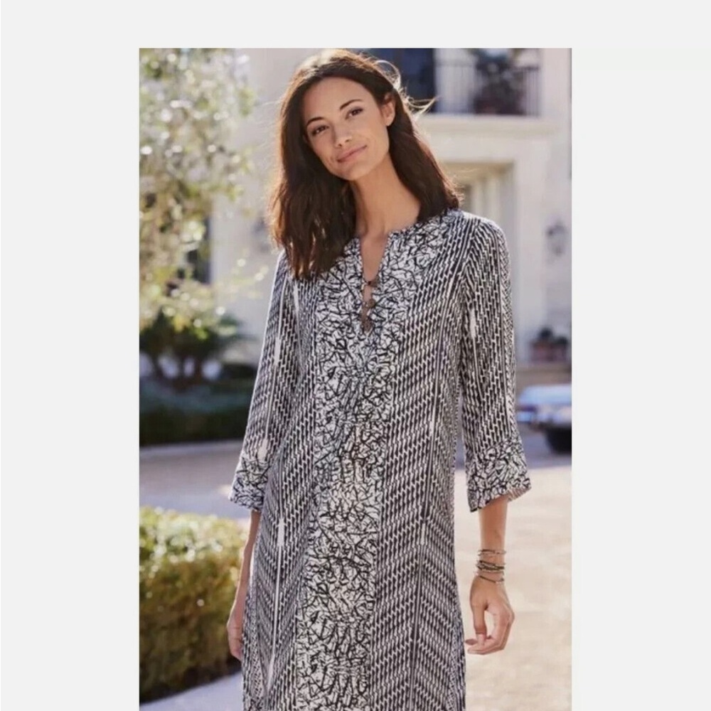 Soft Surroundings Raven Shift Black and White Dress  3/4 Sleeve Ikat Print Rayon - Picture 2 of 14
